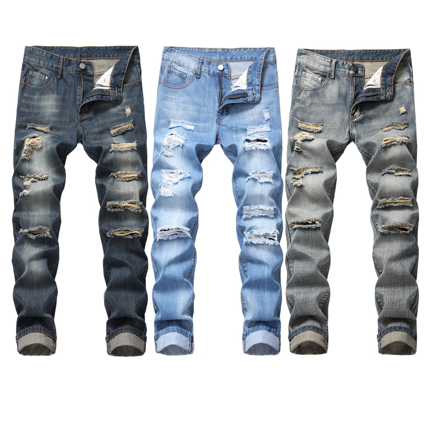 Ripped Straight Denim Trousers For Men