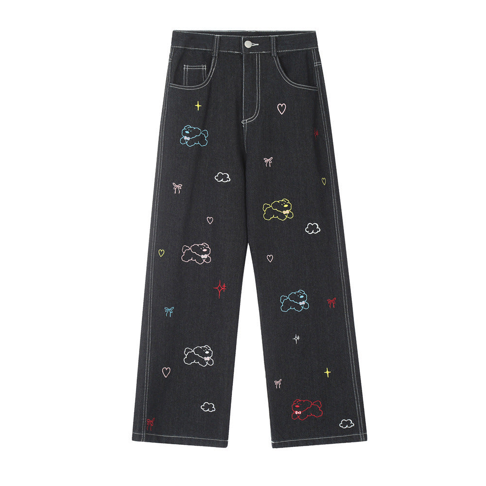 Puppy Embroidered Printed Denim Trousers Men