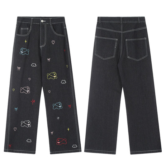 Puppy Embroidered Printed Denim Trousers Men